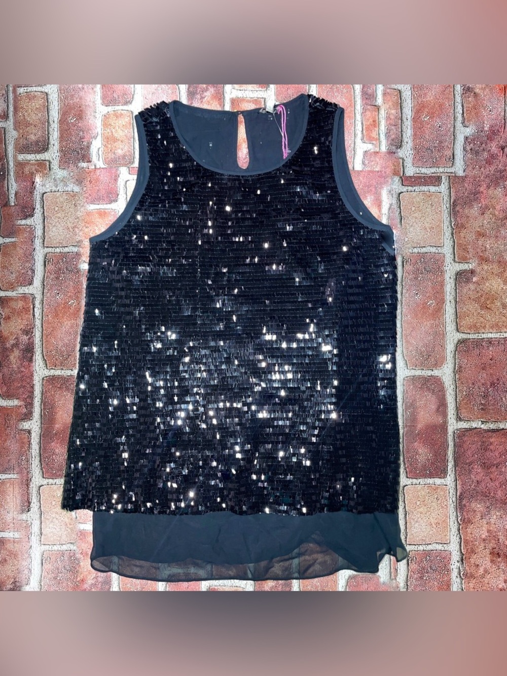 New Cremieux Doris Sequin Black Tank Sheer Blouse Size M Chic Preppy Glam